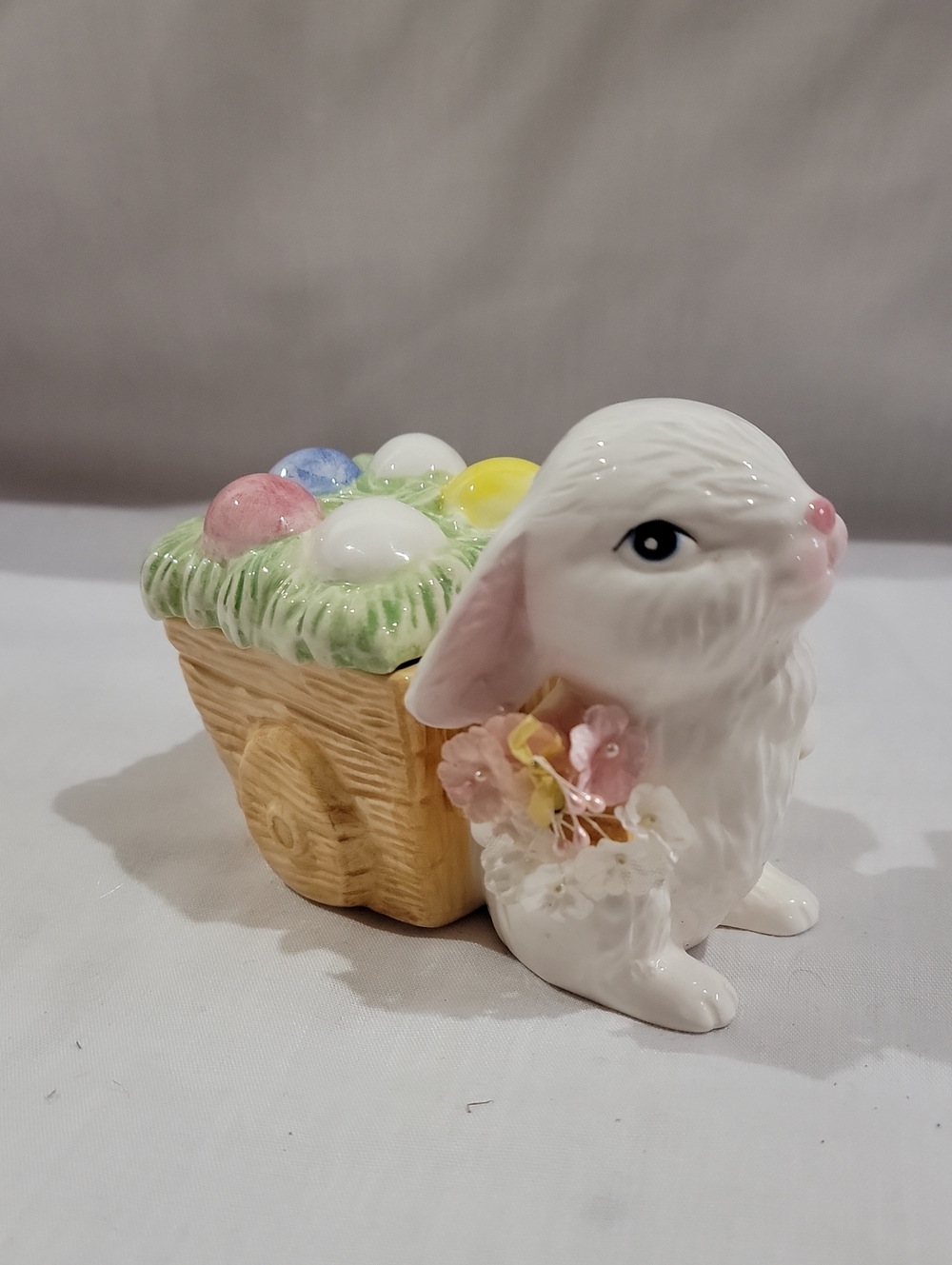 Vintage Ceramic Bunny Candy Dish Tribket Pastel Egg Basket- Holiday Table Accent